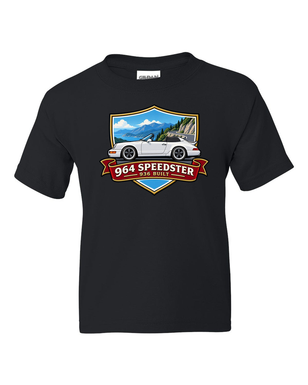 Shield crest design for the Porsche 964 Speedster with 936 built lettering black kids tee front view with the design