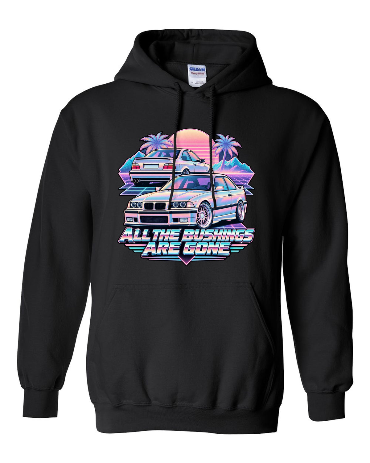 Vaporwave print of a BMW E36 M3 taillight with all the bushings are gone text black pull over hoodie front view with the design