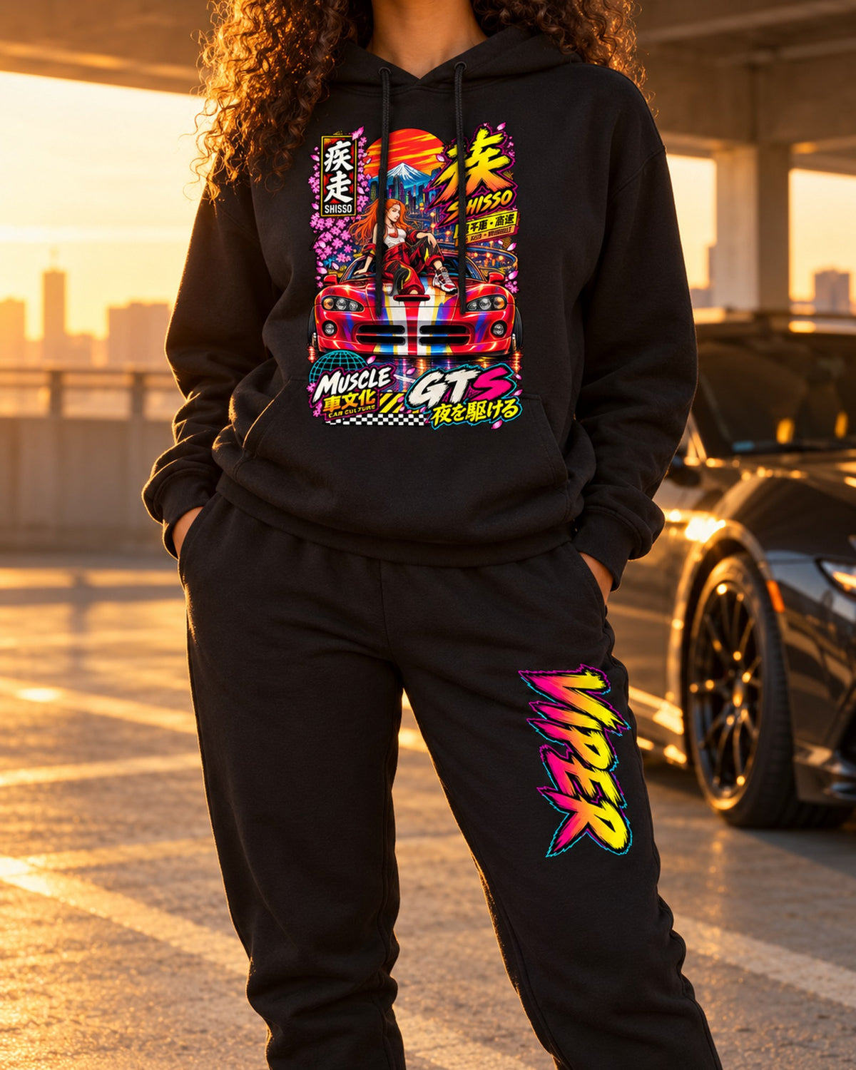 Viper Shisso Anime Girl Poster Hoodie + Jogger Set Black worn hero