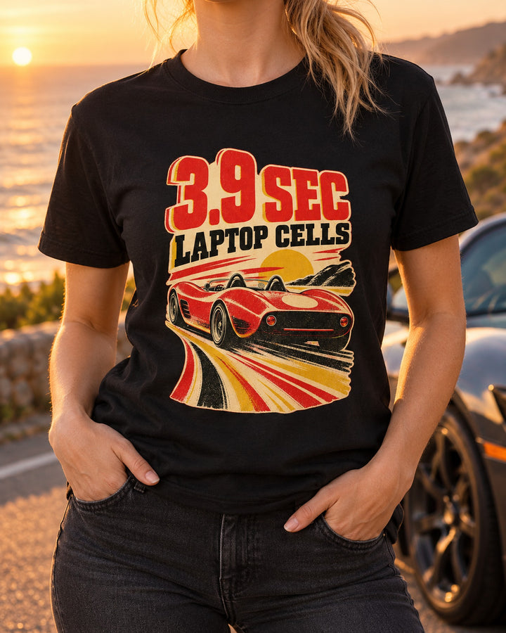 First Roadster Race Poster Tee, Tesla Roadster Gen 1 2008 T-Shirt Black worn hero
