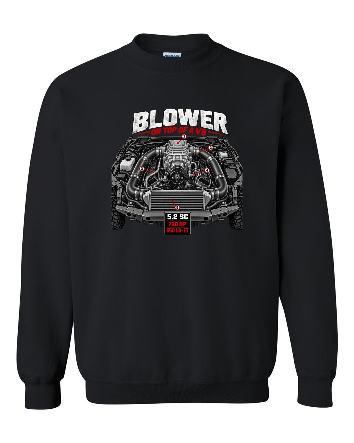 Ford F-150 Raptor R P702 engine hero print with 5.2 supercharged V8 and 720 HP black crewneck front view with the design