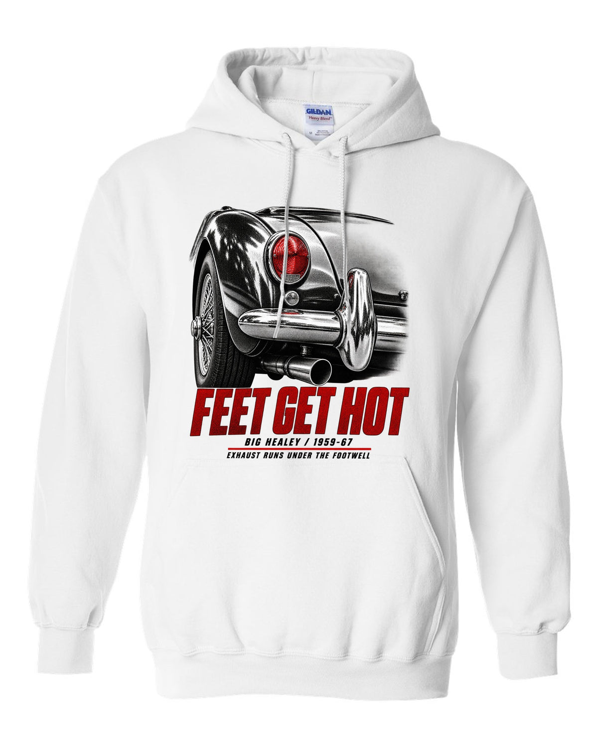 print of the rear taillight of a 1966 Austin-Healey 3000 Mk III BJ8 with hot feet lettering white pull over hoodie front view with the design