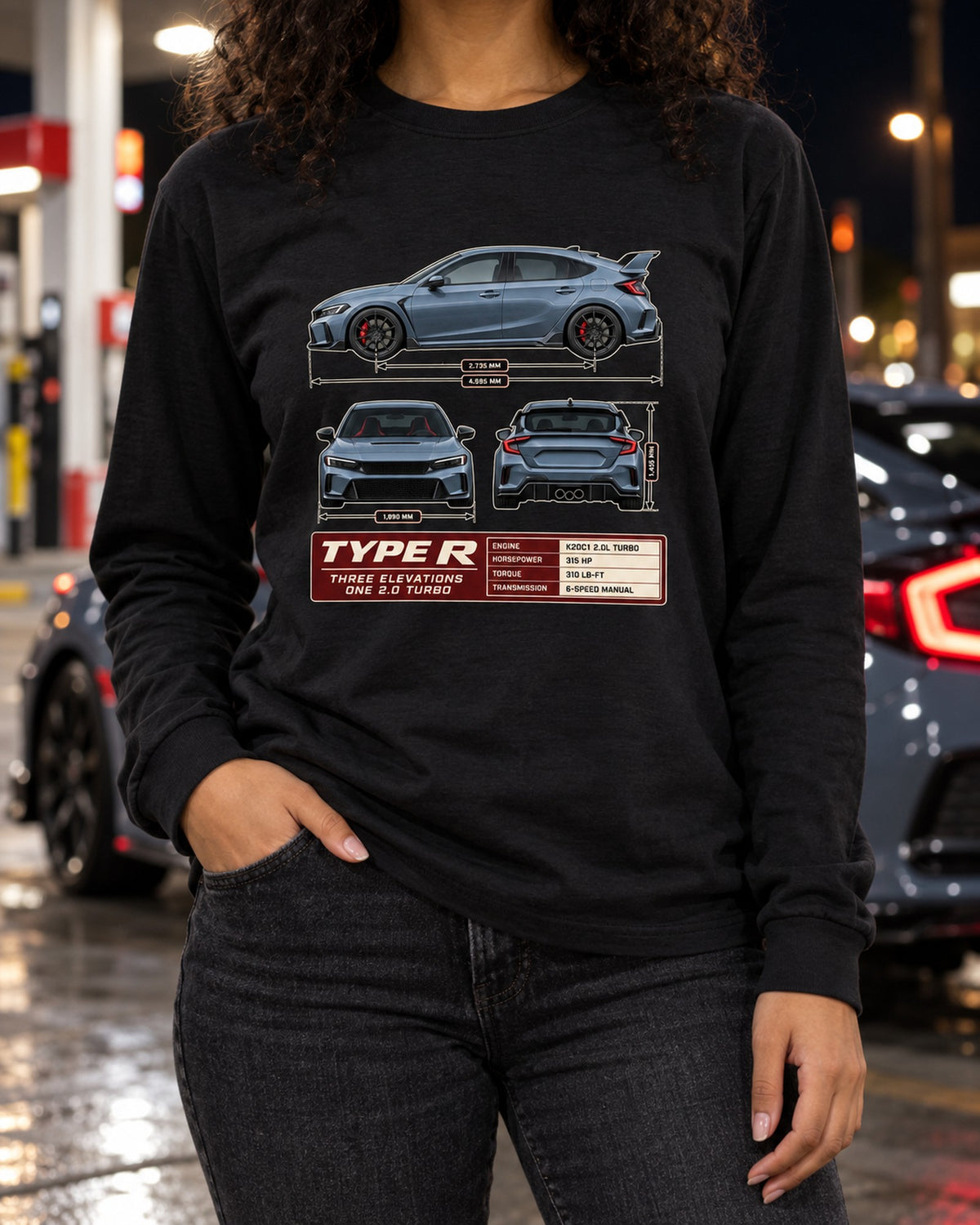 Civic Type R FL5 Three-View Spec Sheet Tee for Car Guys Long Sleeve Black worn hero