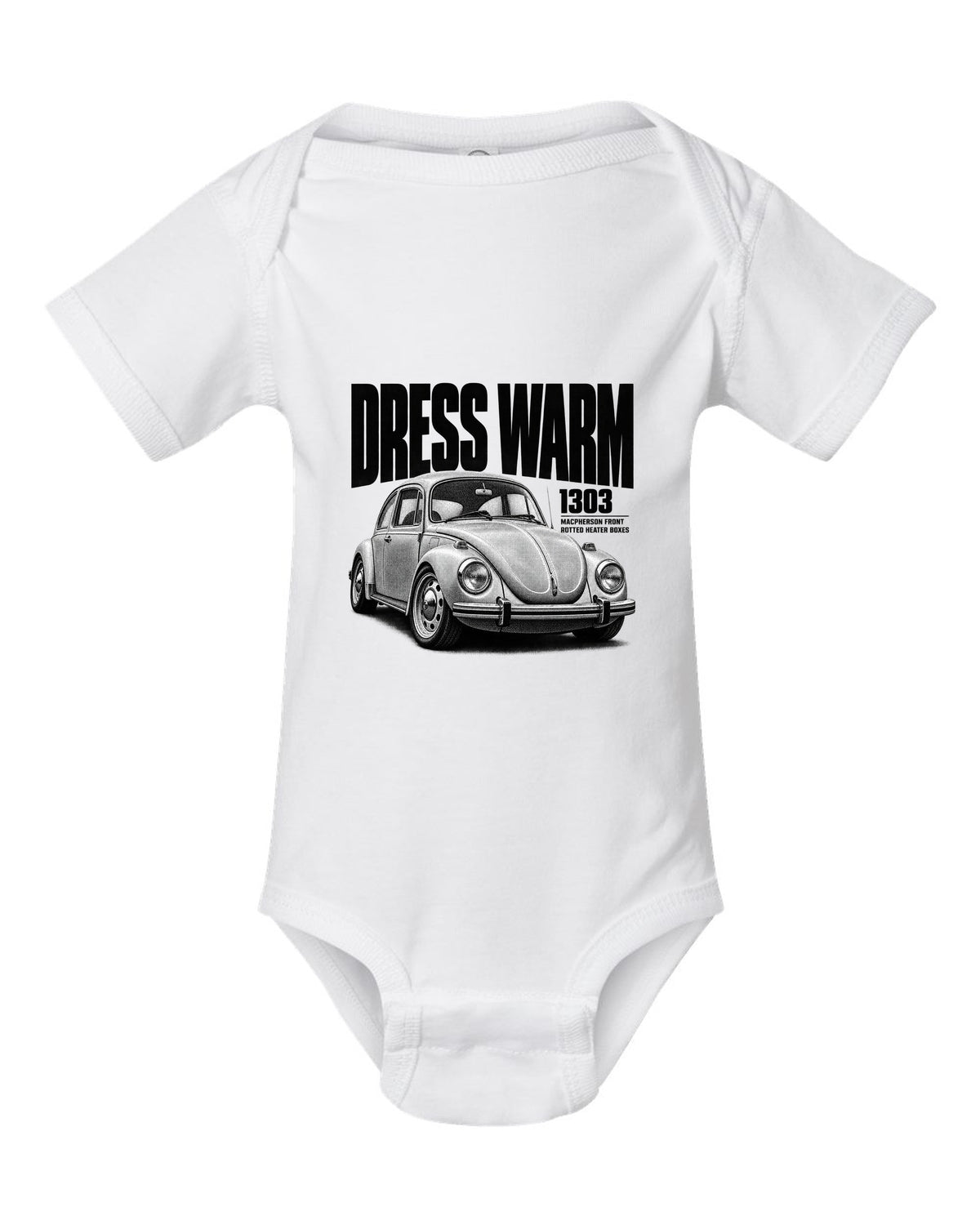 Halftone print of a VW Beetle Type 1 1303 front three-quarter with dress warm text white baby onesie front view with the design