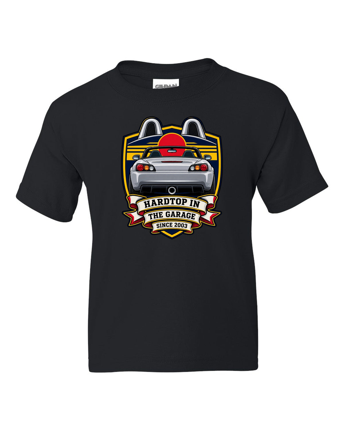 Embroidery patch style print of a 1999 Honda S2000 AP1 roadster with hardtop in the garage text black kids tee front view with the design