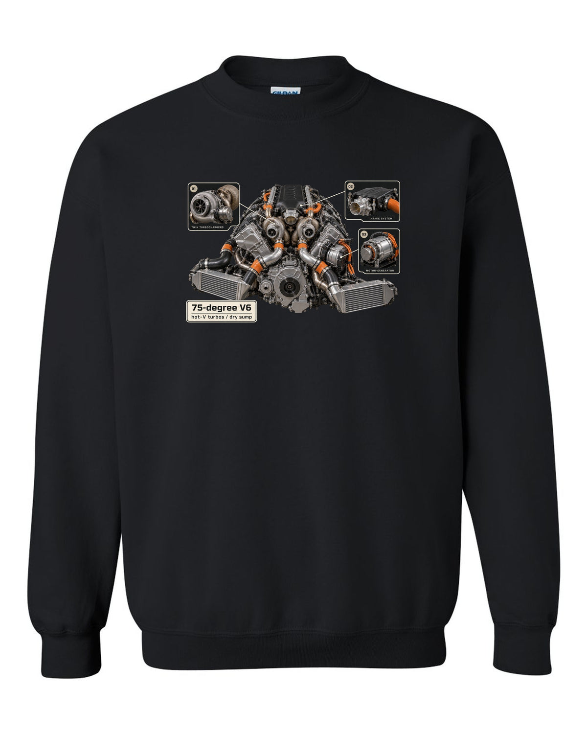 Engine bay print of an Acura NSX NC1 3.5L twin-turbo V6 black crewneck front view with the design