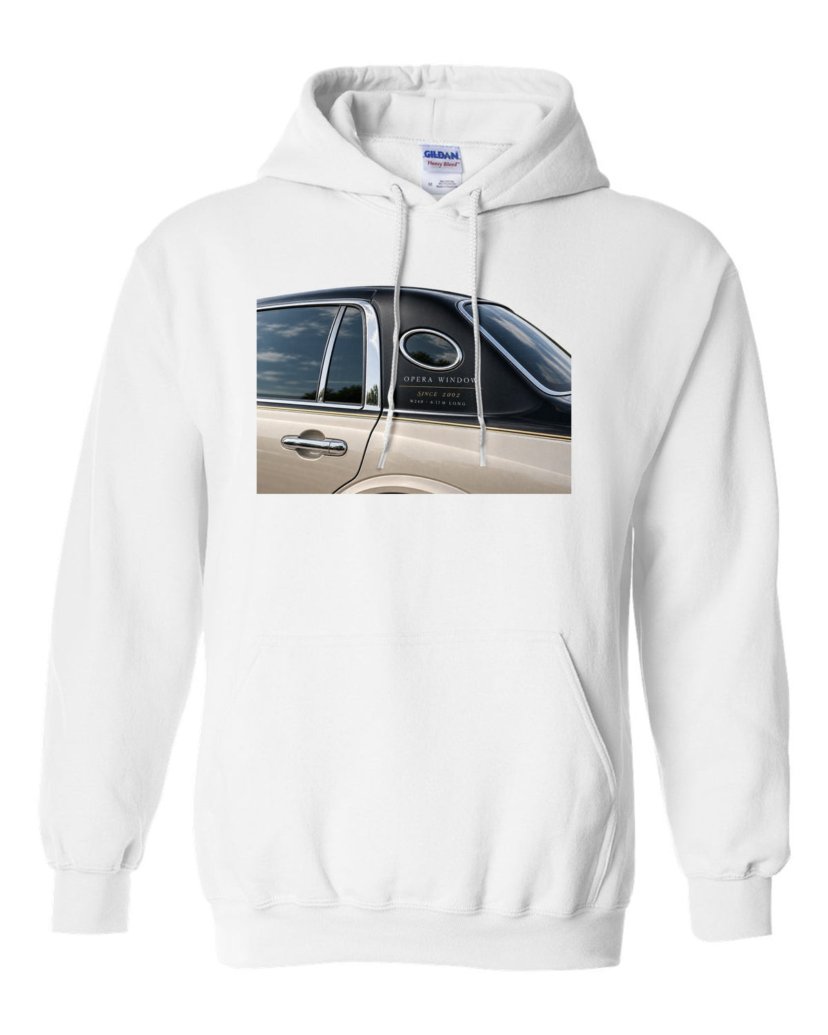 Detail macro print of a Maybach 62 W240 opera window with Since 2002 lettering white pull over hoodie front view with the design