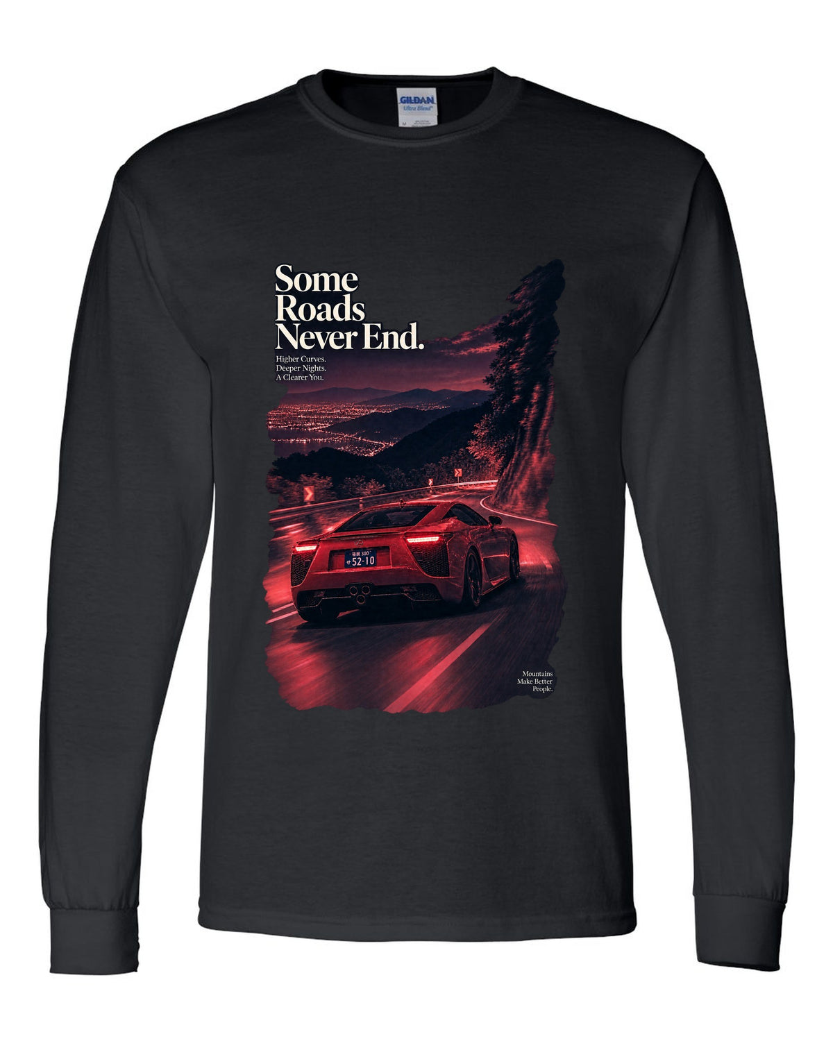 Night touge scene with the Lexus LFA in magenta-red monochrome black long sleeve front view with the design