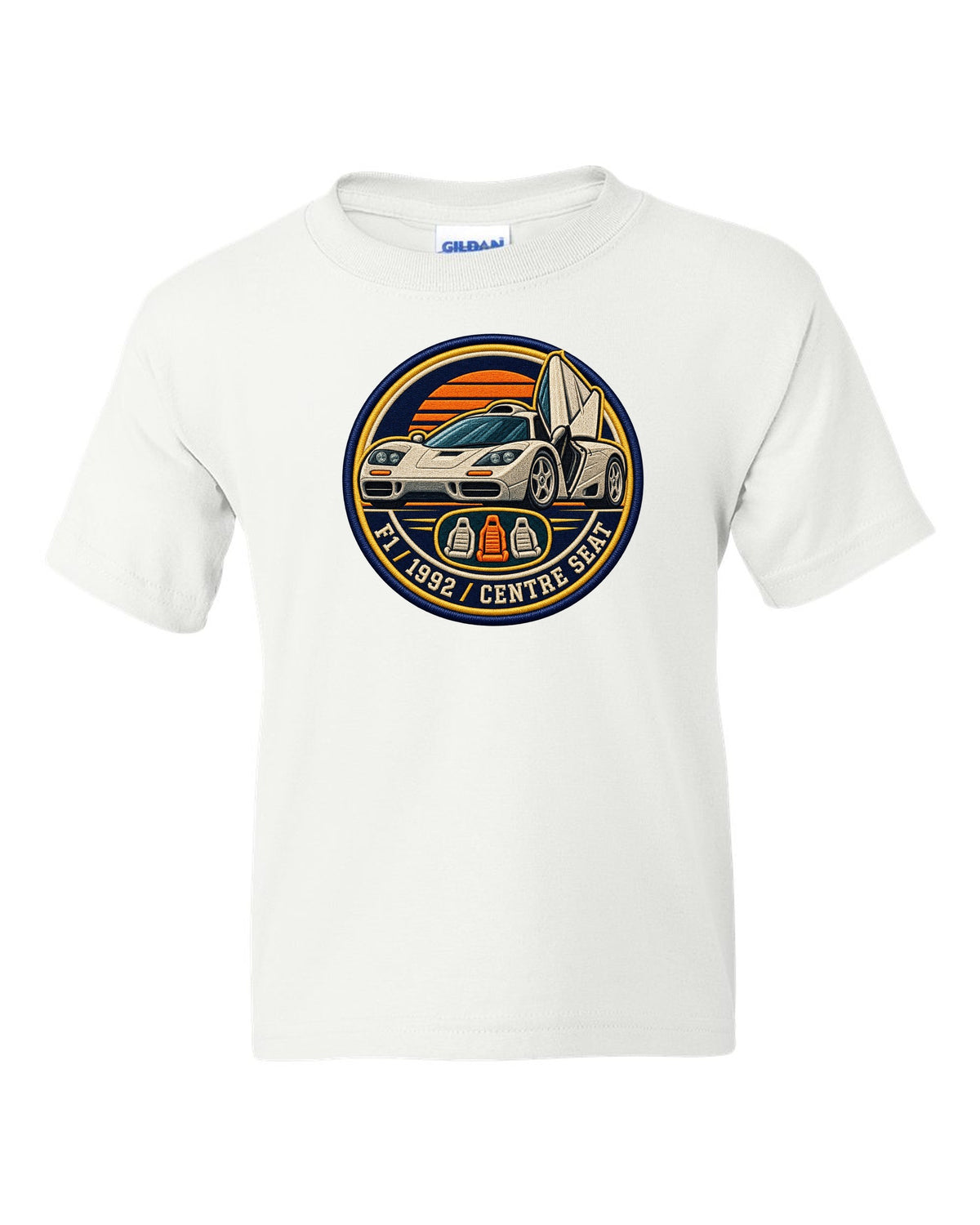 Embroidery varsity crest print for the McLaren F1 with F1, 1992 and Centre Seat lettering white kids tee front view with the design