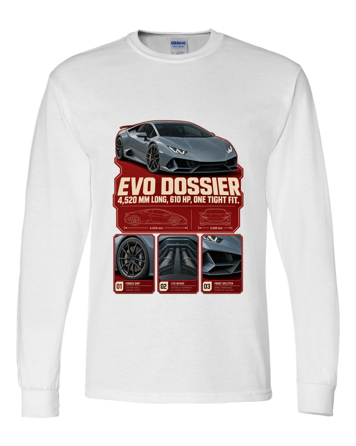 Dossier panel print of the Lamborghini Huracan EVO white long sleeve front view with the design