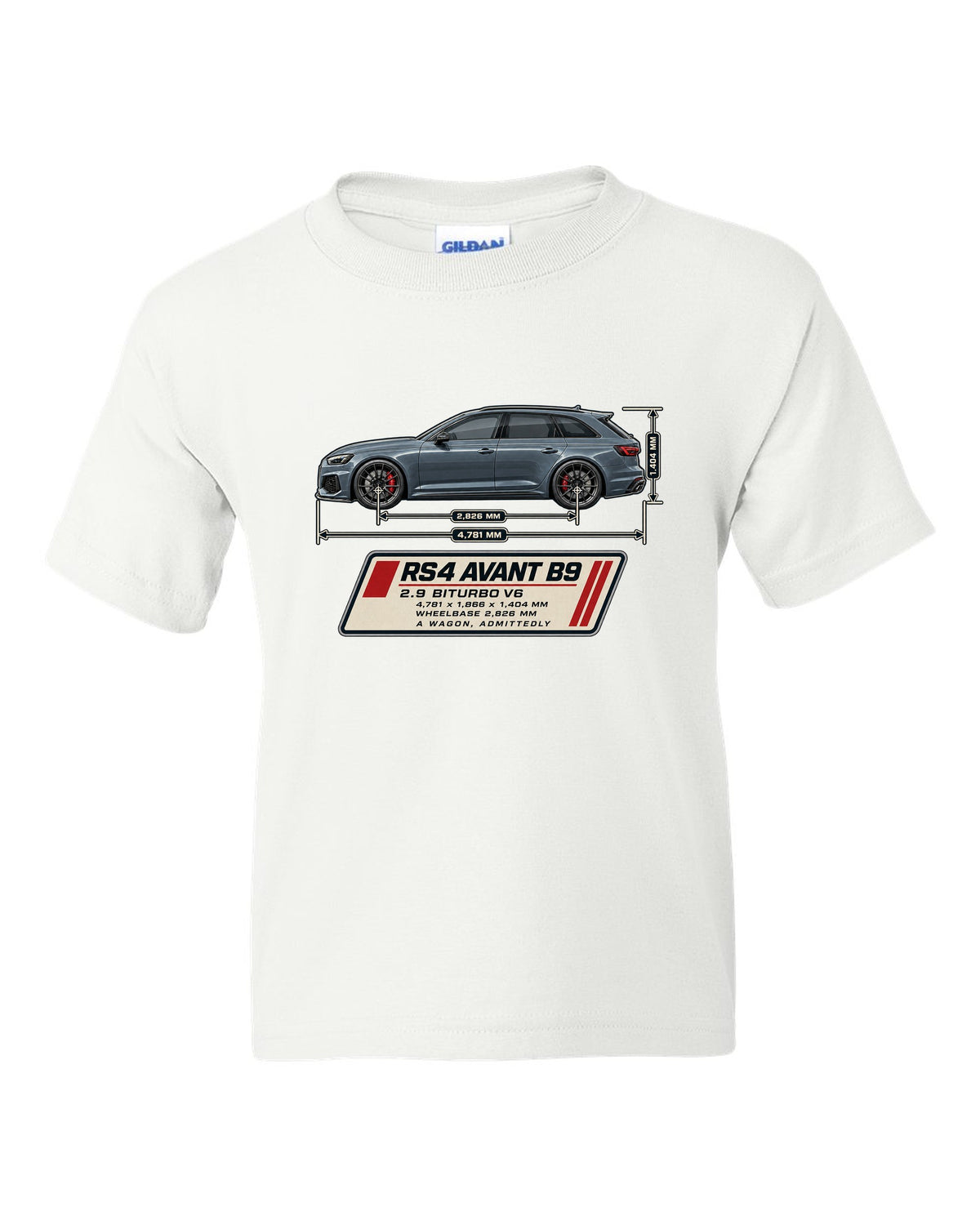 Audi RS4 Avant B9 dimension blueprint print with measurements white kids tee front view with the design
