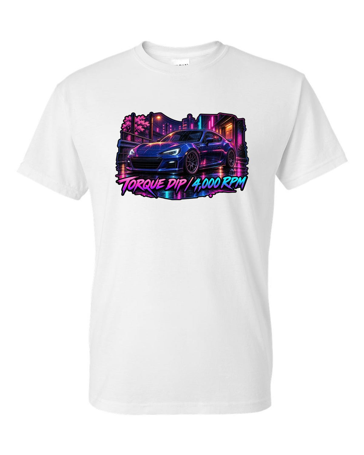Spray-paint graffiti style Subaru BRZ ZD8 drifting with FA24 2.4L dip fixed text white t-shirt front view with the design