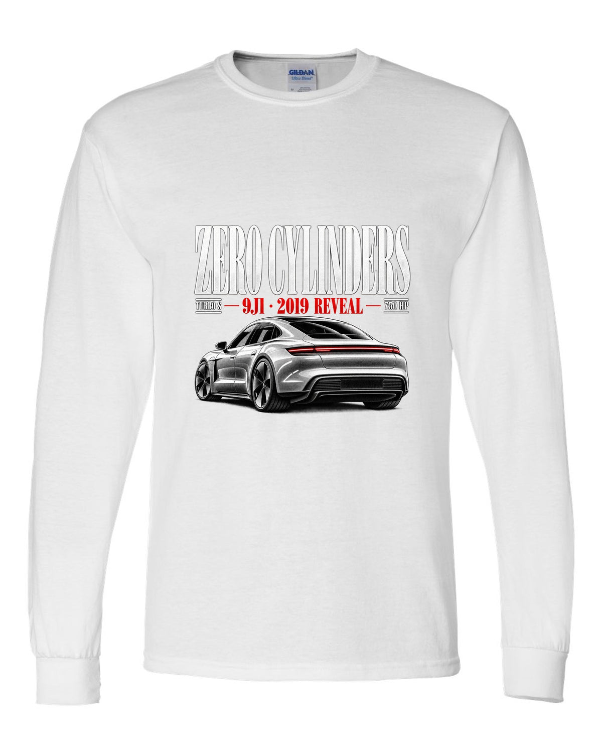 Porsche Taycan Turbo S 9J1 editorial headline with zero cylinders, 2019 reveal, 750 HP white long sleeve front view with the design