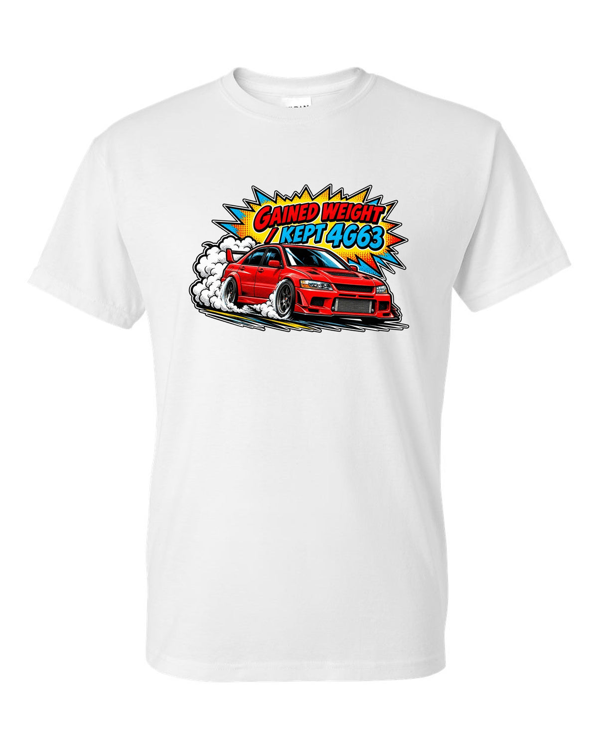 Comic halftone pop-art launch print of the Mitsubishi Evo VII CT9A with gained weight kept 4G63 text white t-shirt front view with the design