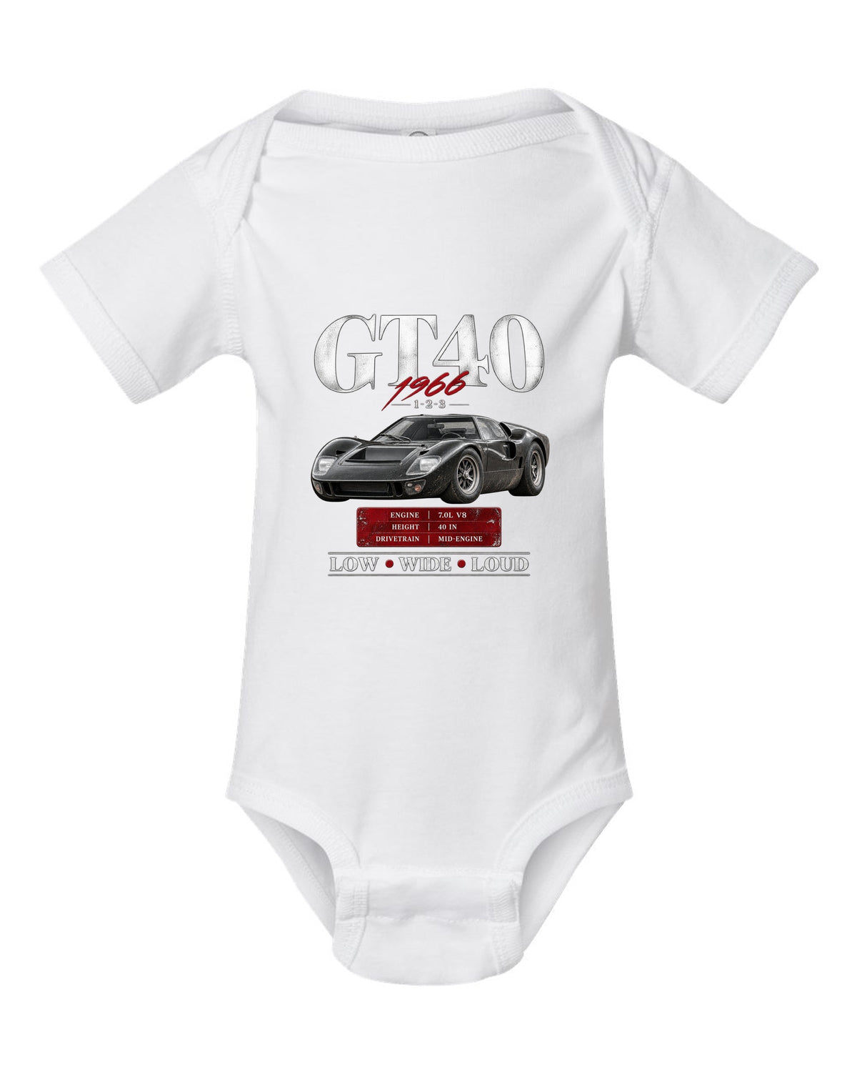 Archive panel print of a 1966 Ford GT40 Mk II with spec callouts white baby onesie front view with the design