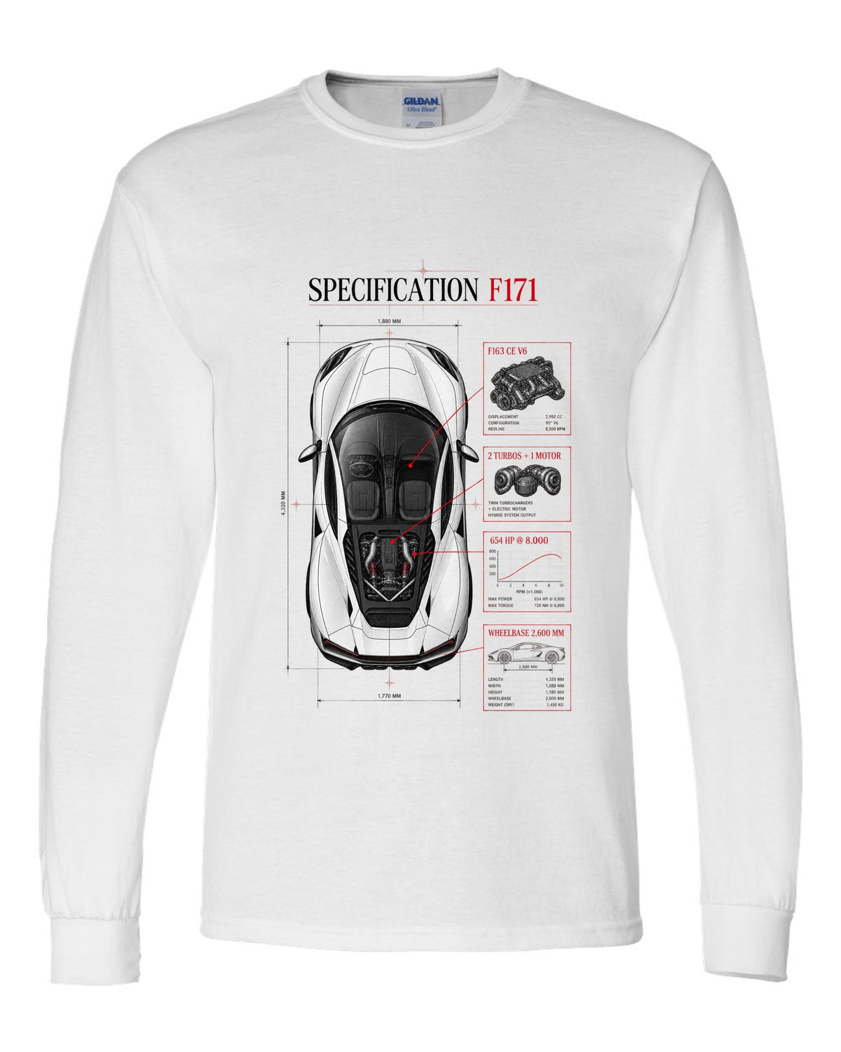 Top-down spec poster print of a Ferrari 296 GTB F171 with wheelbase and F163 CE V6 details white long sleeve front view with the design