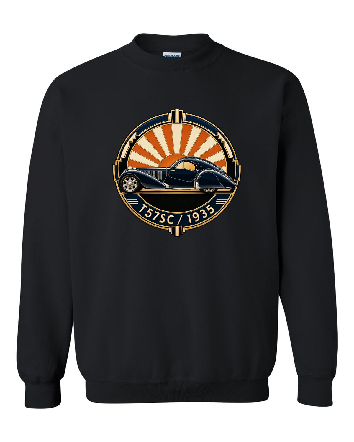 Art Deco crest design featuring the Bugatti Type 57SC Atlantic with T57SC 1935 lettering black crewneck front view with the design