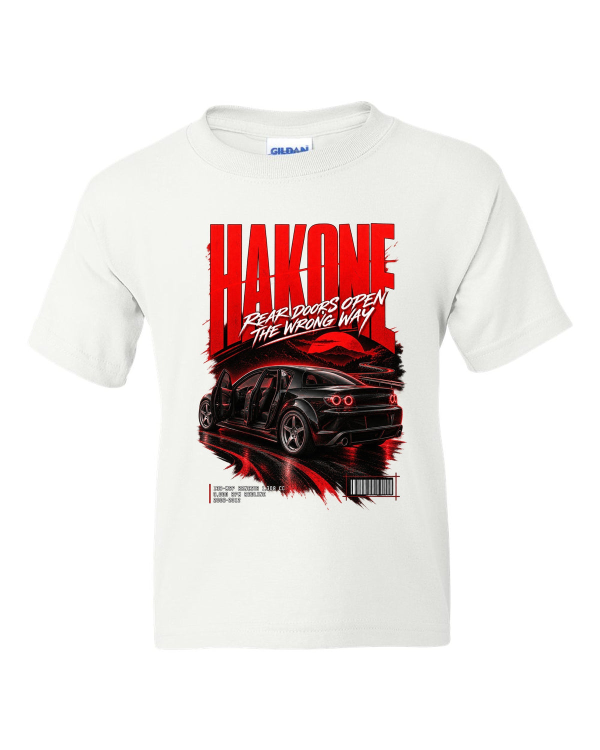 Street poster print for the 2004 Mazda RX-8 SE3P with Hakone lettering and Renesis rotary details white kids tee front view with the design