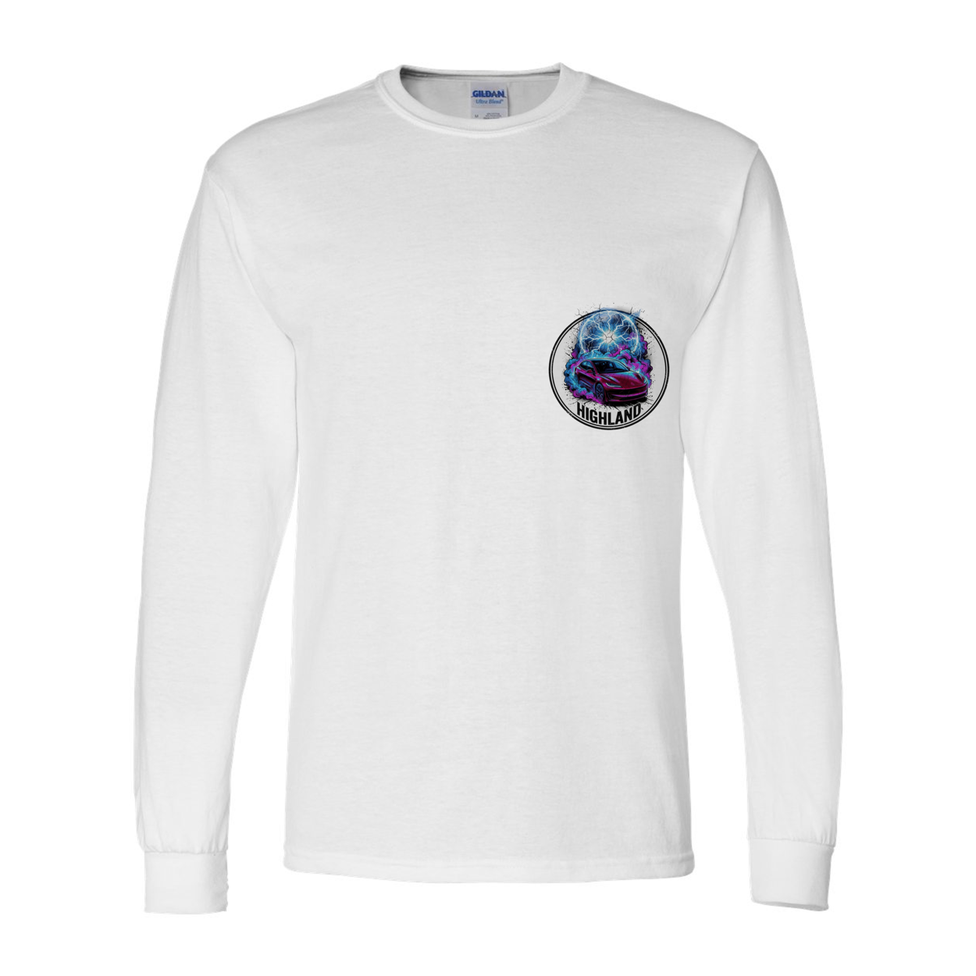 Tesla Model 3 Highland Long Sleeve T-Shirt — White front emblem