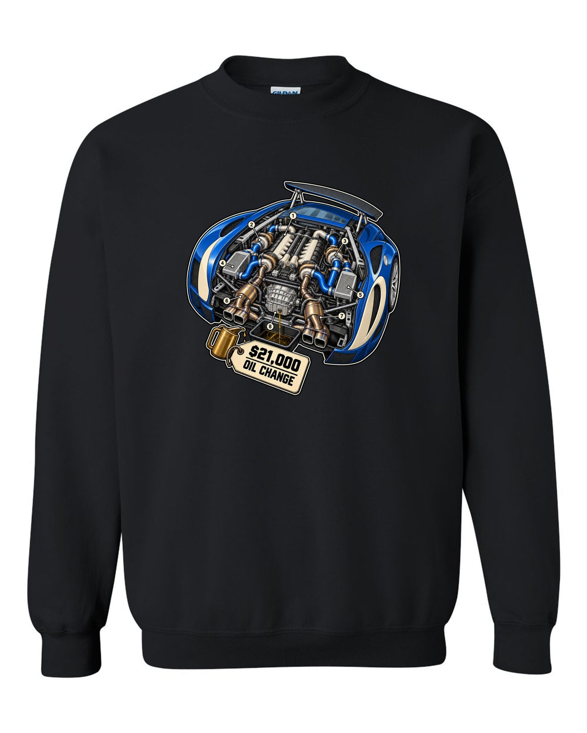 Exploded cutaway diagram print of the Bugatti Veyron 16.4 W16 engine with oil change lettering black crewneck front view with the design