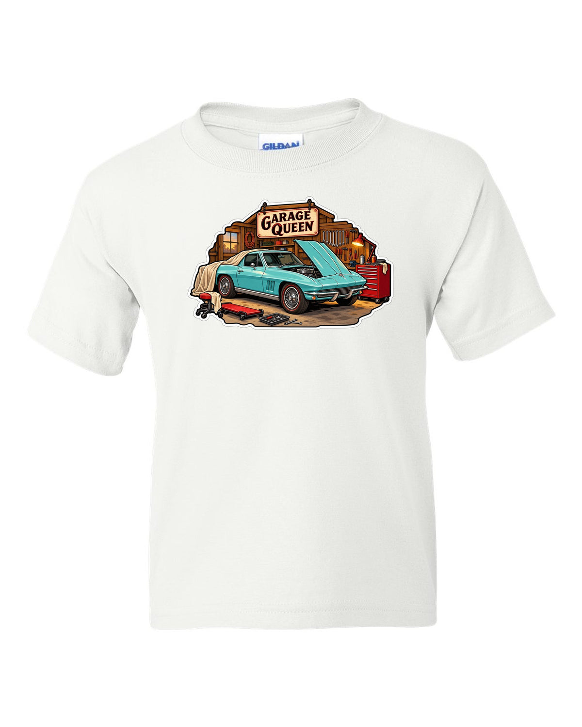 Sticker-bomb collage print of a 1966 Chevrolet Corvette C2 Sting Ray coupe with Garage Queen lettering white kids tee front view with the design