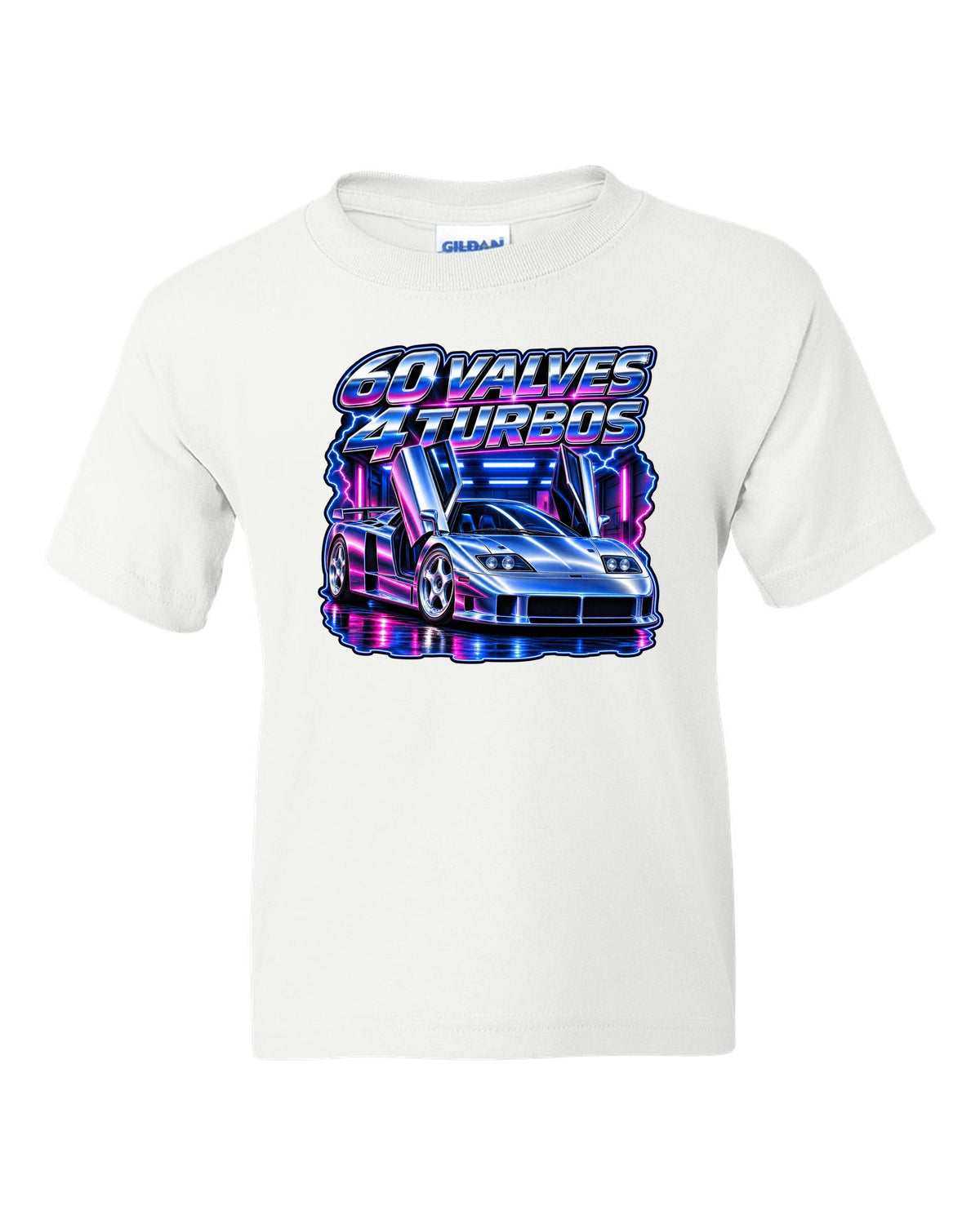 90s airbrush chrome print of a Bugatti EB110 SS with 60 valves and 4 turbos lettering white kids tee front view with the design
