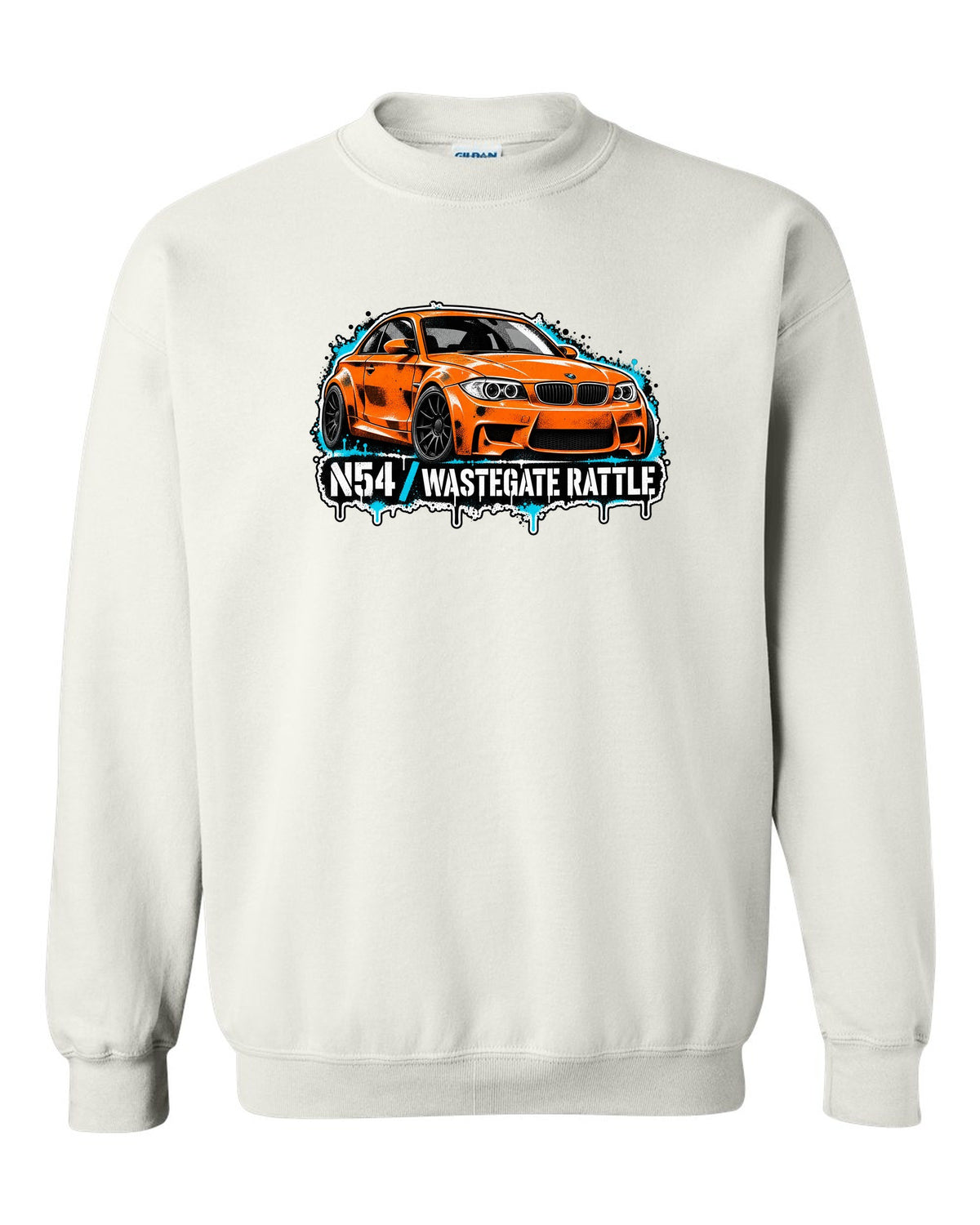 Embroidery-style varsity crest print of a BMW M1 E26 with louvre rear text white crewneck front view with the design