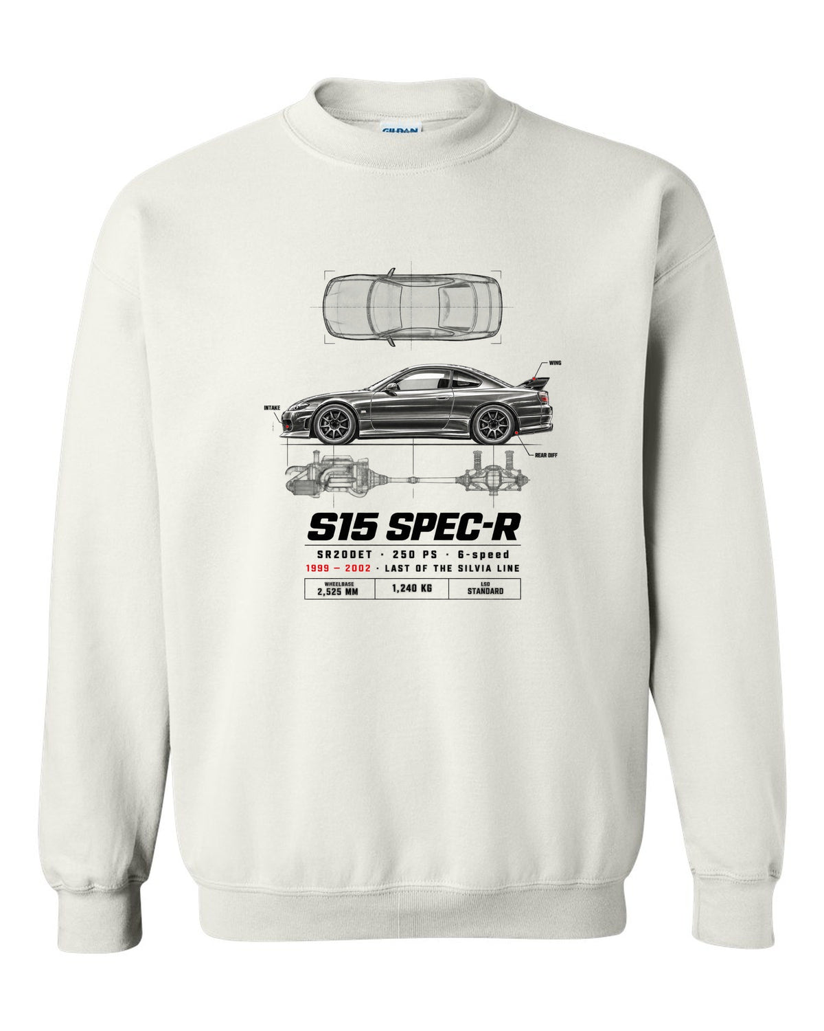 Spec poster print of a Nissan Silvia S15 Spec-R top-down profile with SR20DET data white crewneck front view with the design