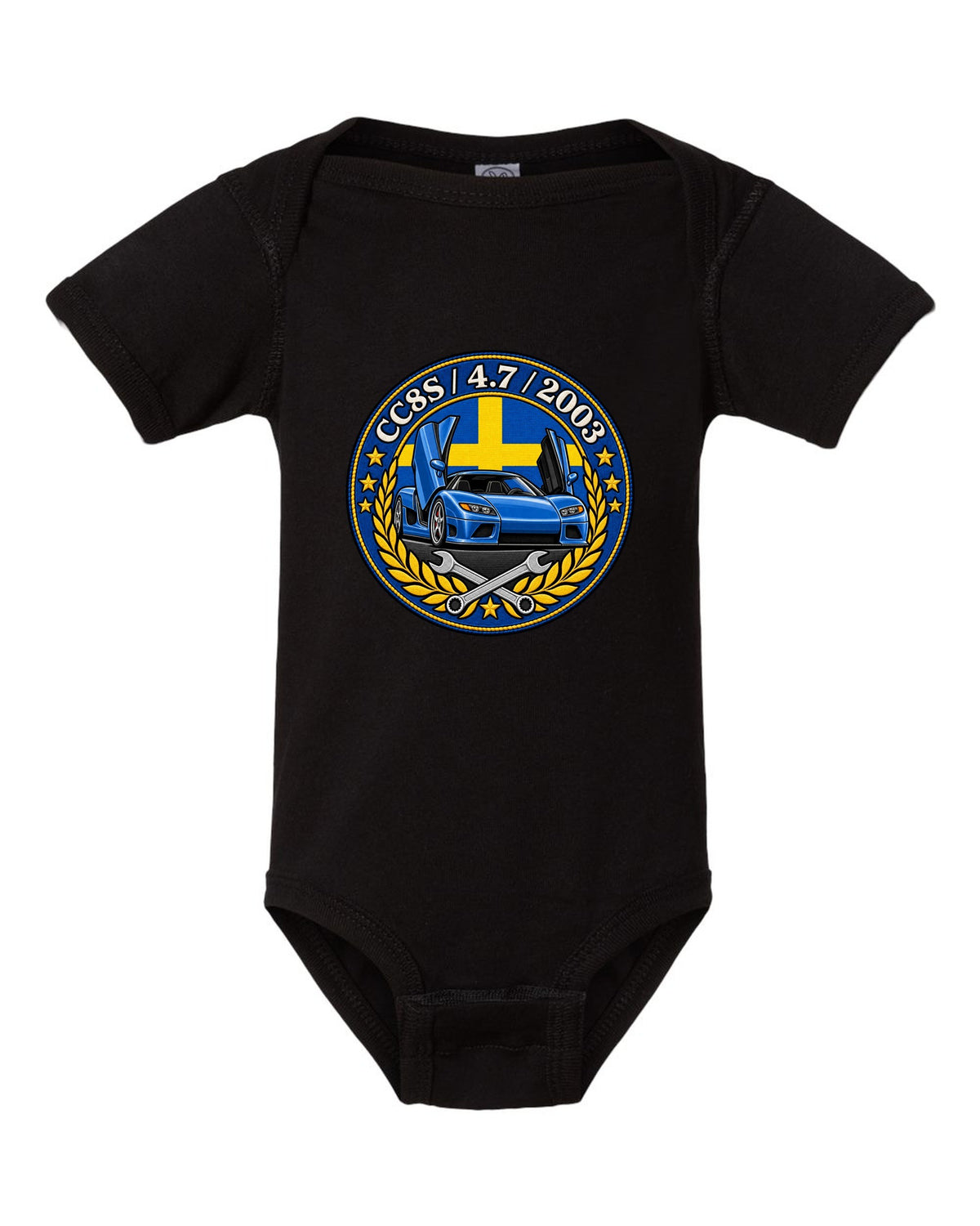 Varsity-style garage crest design for the Koenigsegg CC8S with CC8S 4.7 2003 lettering black baby onesie front view with the design