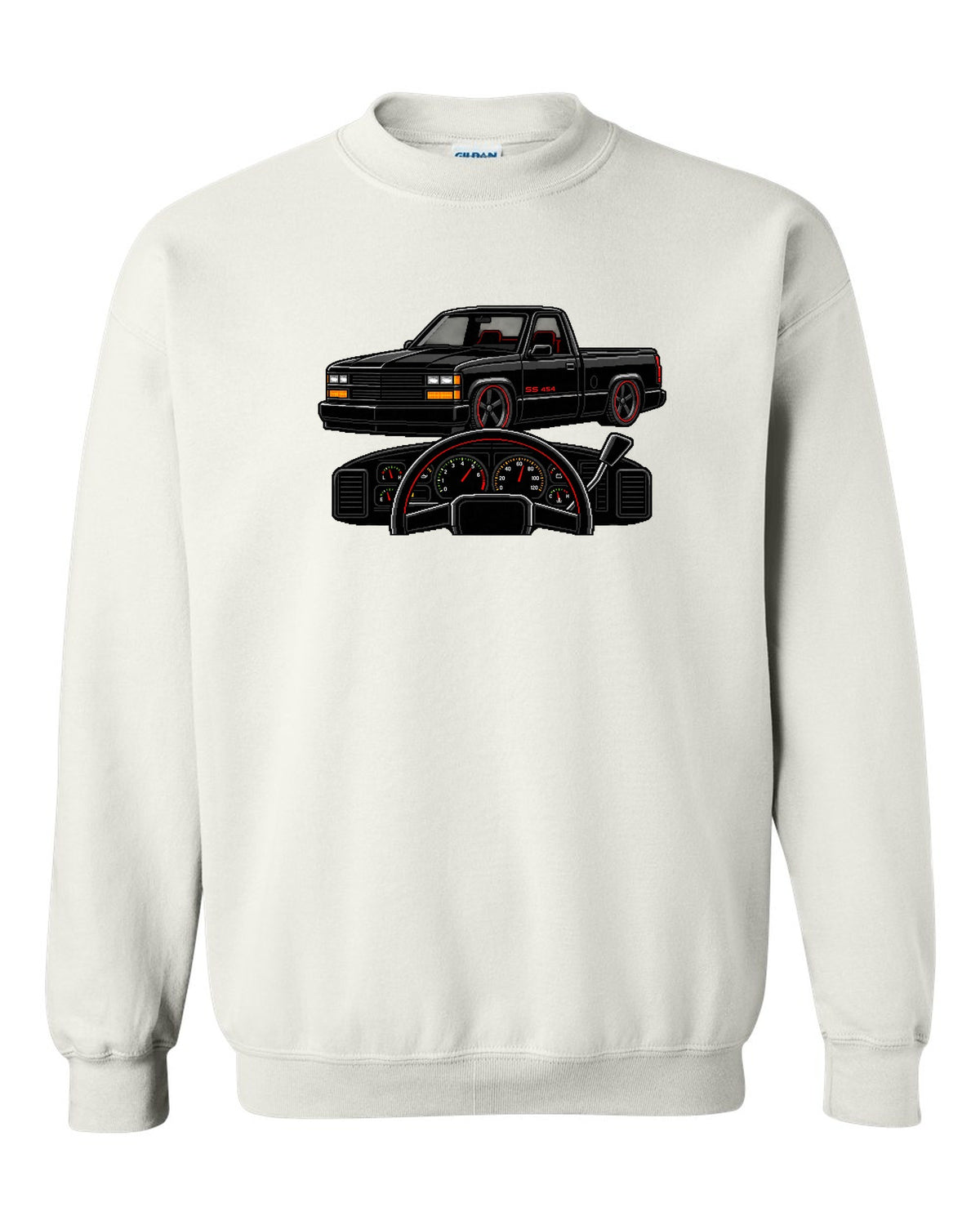 16-bit pixel art gauge print for a 1990-93 Chevrolet 454 SS pickup with SS 454 text white crewneck front view with the design