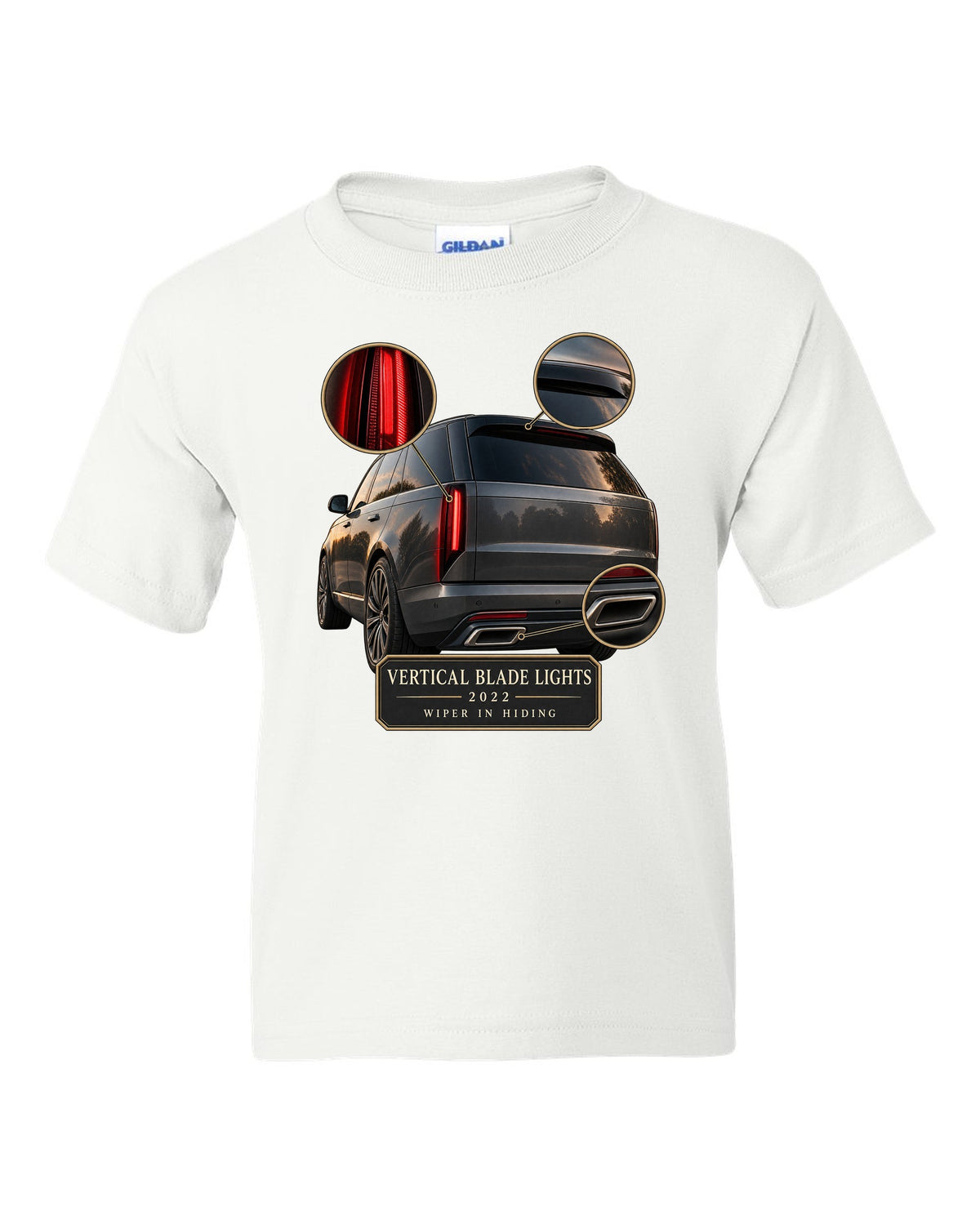 Taillight macro print of the Range Rover L460 with vertical blade lights white kids tee front view with the design