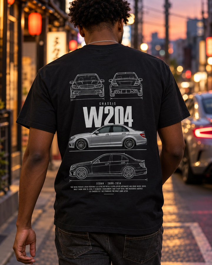 Mercedes C63 AMG (W204) sedan Blueprint Full-Back Graphic Tee, W204 Chassis Code T-Shirt Black worn hero