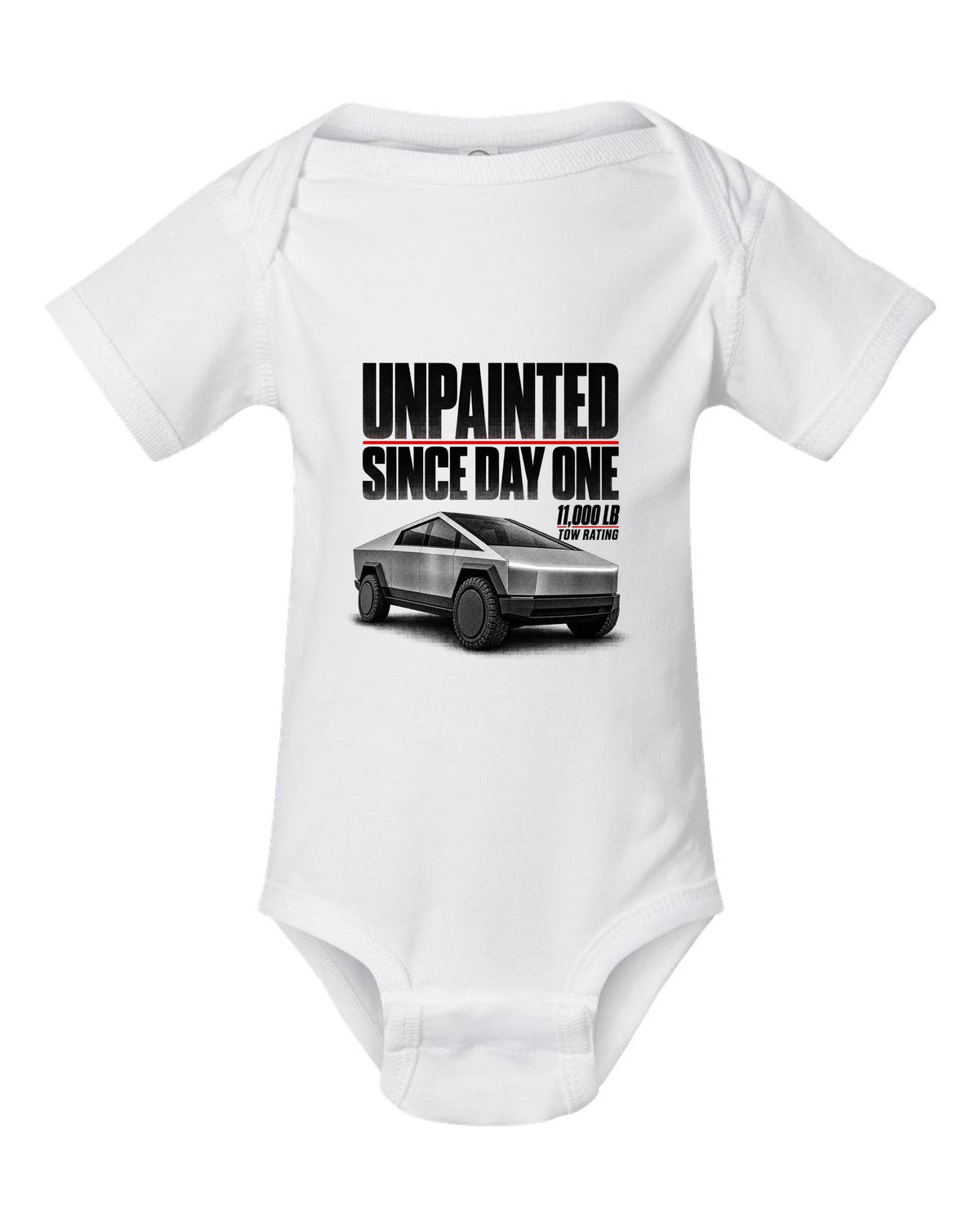 Halftone Tesla Cybertruck 2023 with unpainted since day one and 11,000 lb tow rating text white baby onesie front view with the design