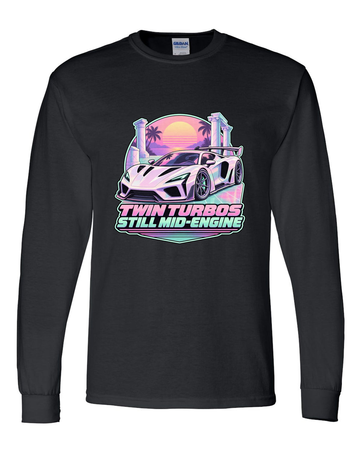 Badge crest design of a 2023 C8 Corvette Z06 with wide rear haunches black long sleeve front view with the design