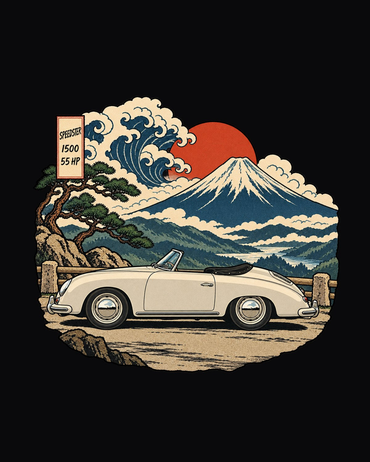 Porsche 356 Speedster Mountain Pass Woodblock Print Tee design only