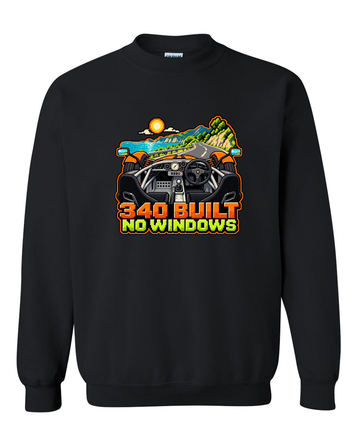 Lotus Elise 340R in 8/16-bit pixel art with 340 BUILT and NO WINDOWS lettering black crewneck front view with the design