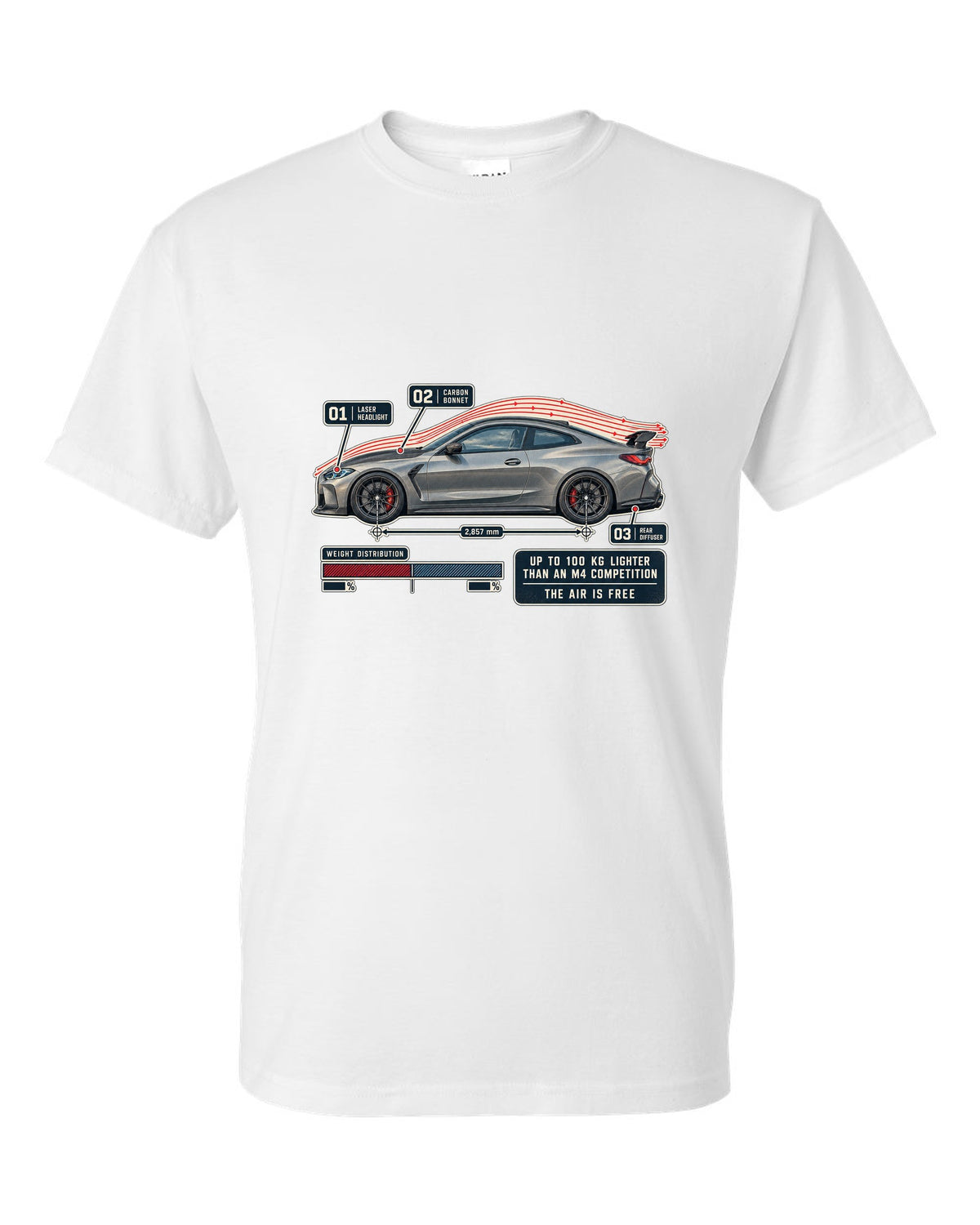 BMW M4 CSL G82 aero flow cutaway print white t-shirt front view with the design