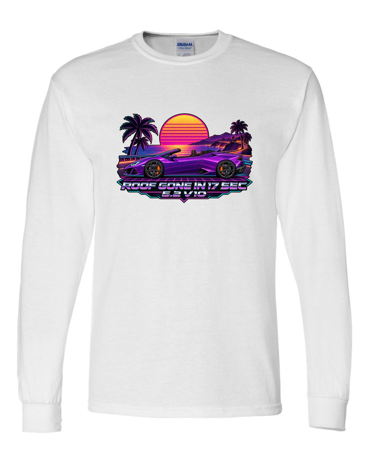 Synthwave outrun sunset grid with a Lamborghini Huracan Spyder LP610-4 and text ROOF GONE IN 17 SEC / 5.2 V10 white long sleeve front view with the design