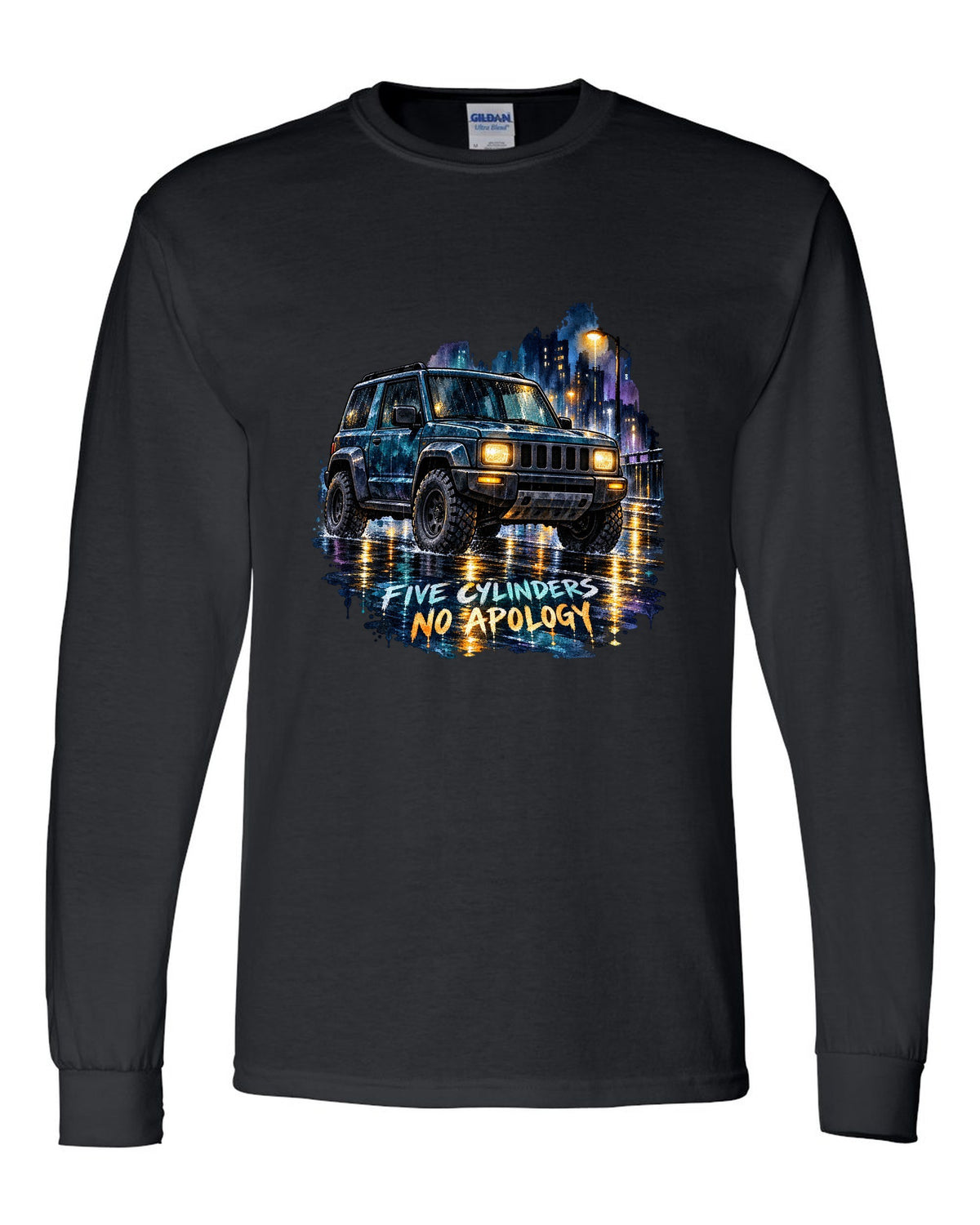 Watercolour wash wet street scene with a 2006-2010 Hummer H3 and FIVE CYLINDERS / NO APOLOGY text black long sleeve front view with the design