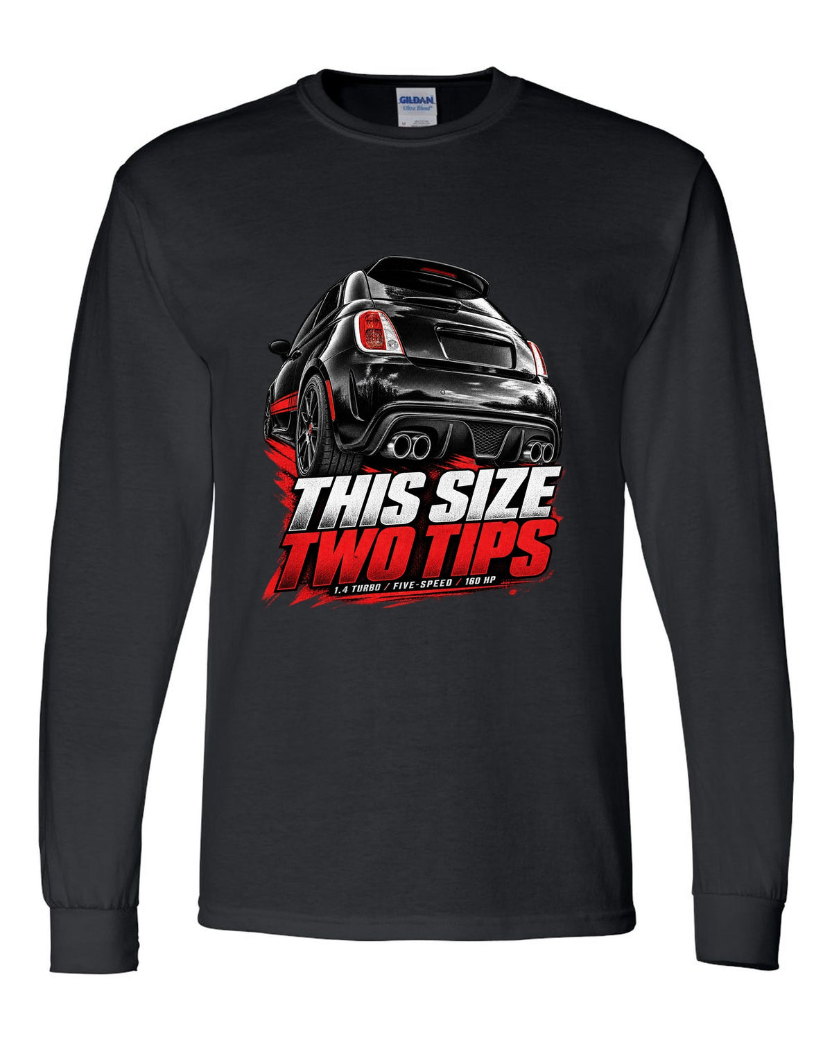 Low rear crop of a US Fiat 500 Abarth exhaust and diffuser on a print black long sleeve front view with the design