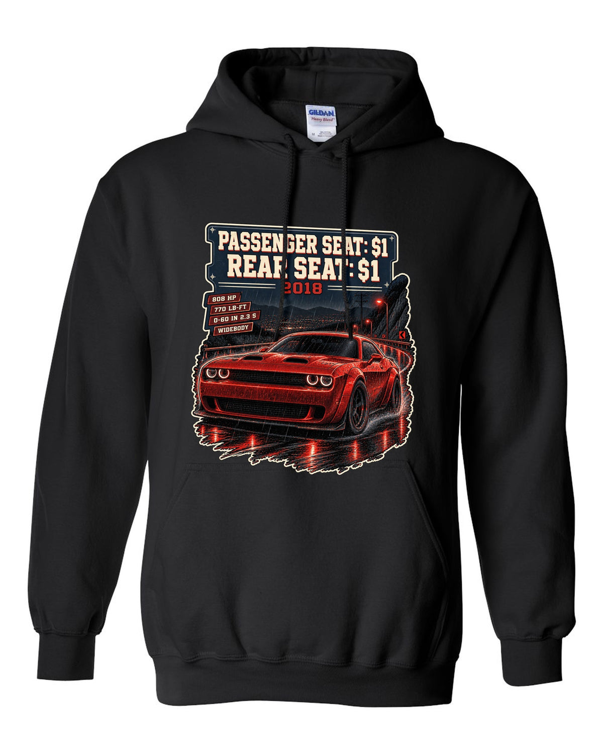 2018 Dodge Challenger SRT Demon on a night street print with seat price text black pull over hoodie front view with the design