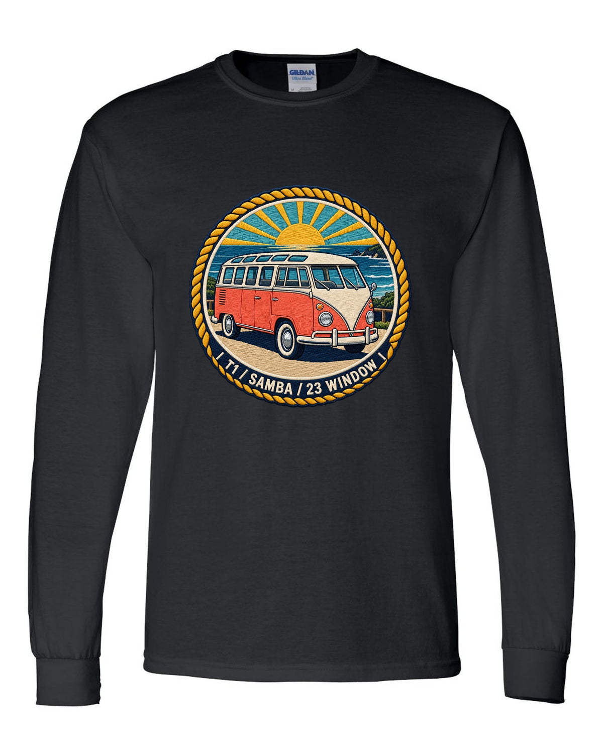 Round crest for the VW Bus T1 Samba 23 window black long sleeve front view with the design