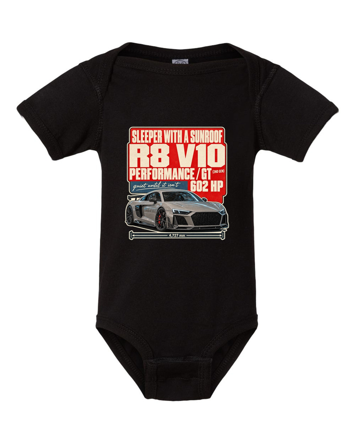 Audi RS7 Sportback C8 street poster print design black baby onesie front view with the design