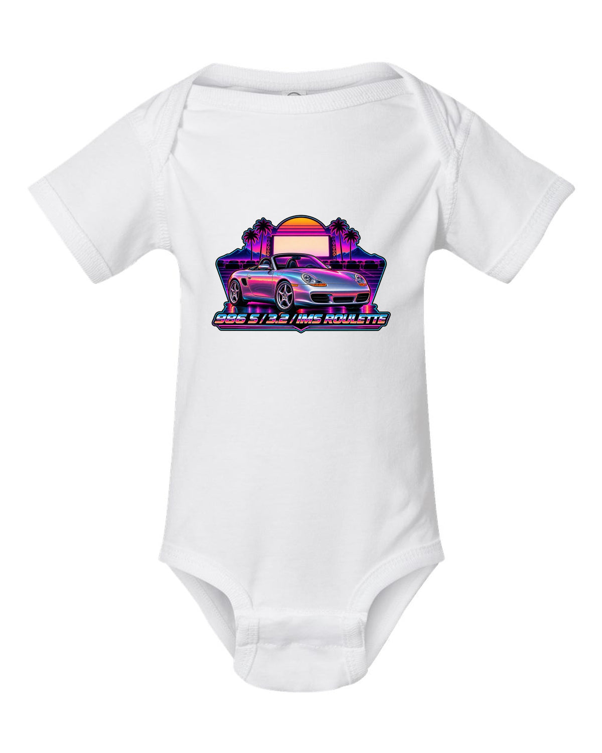Porsche 986 Boxster S synthwave outrun design with IMS roulette lettering white baby onesie front view with the design