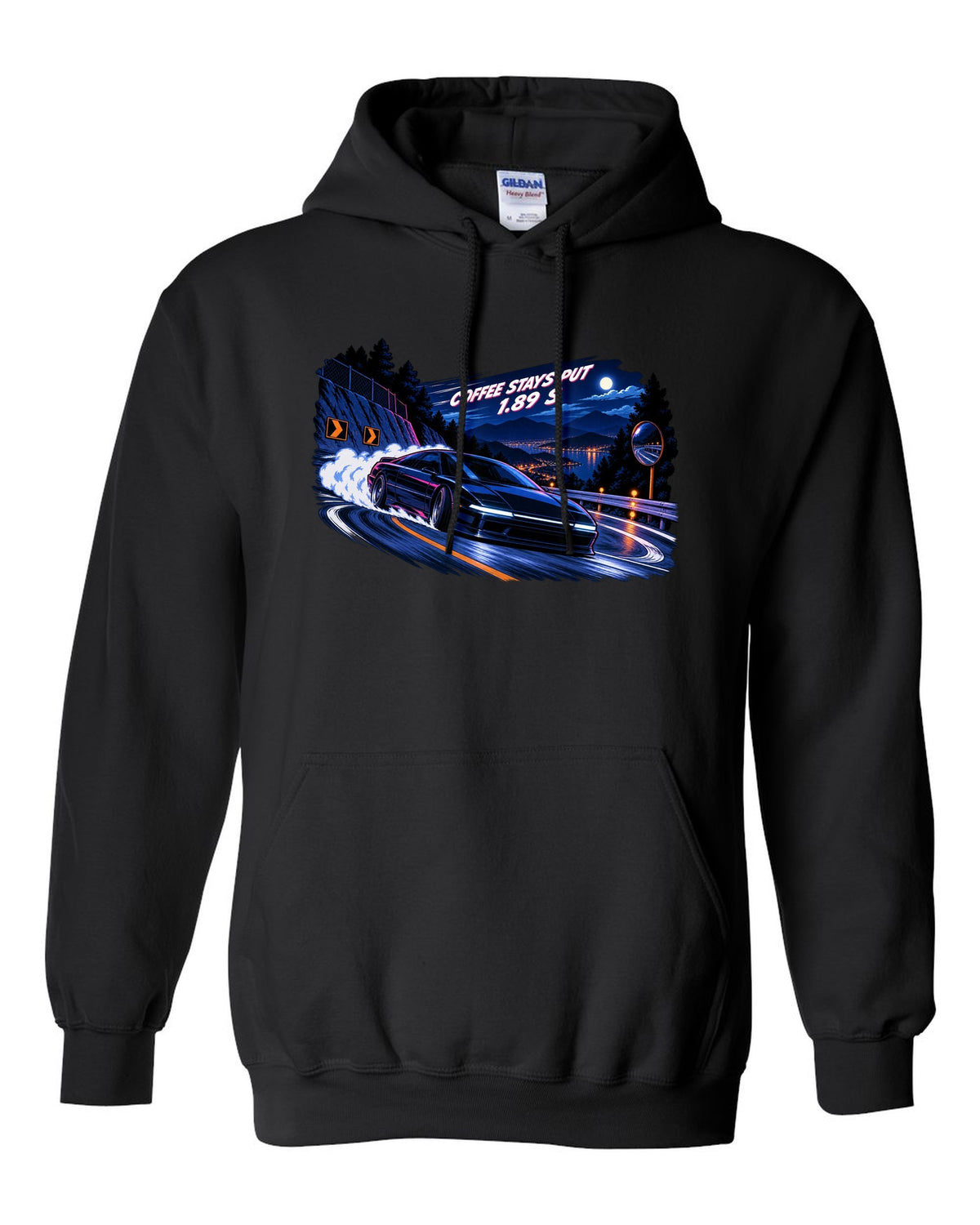 Lucid Air Sapphire cel-shaded 90s anime night touge print with the text coffee stays put 1.89 s black pull over hoodie front view with the design