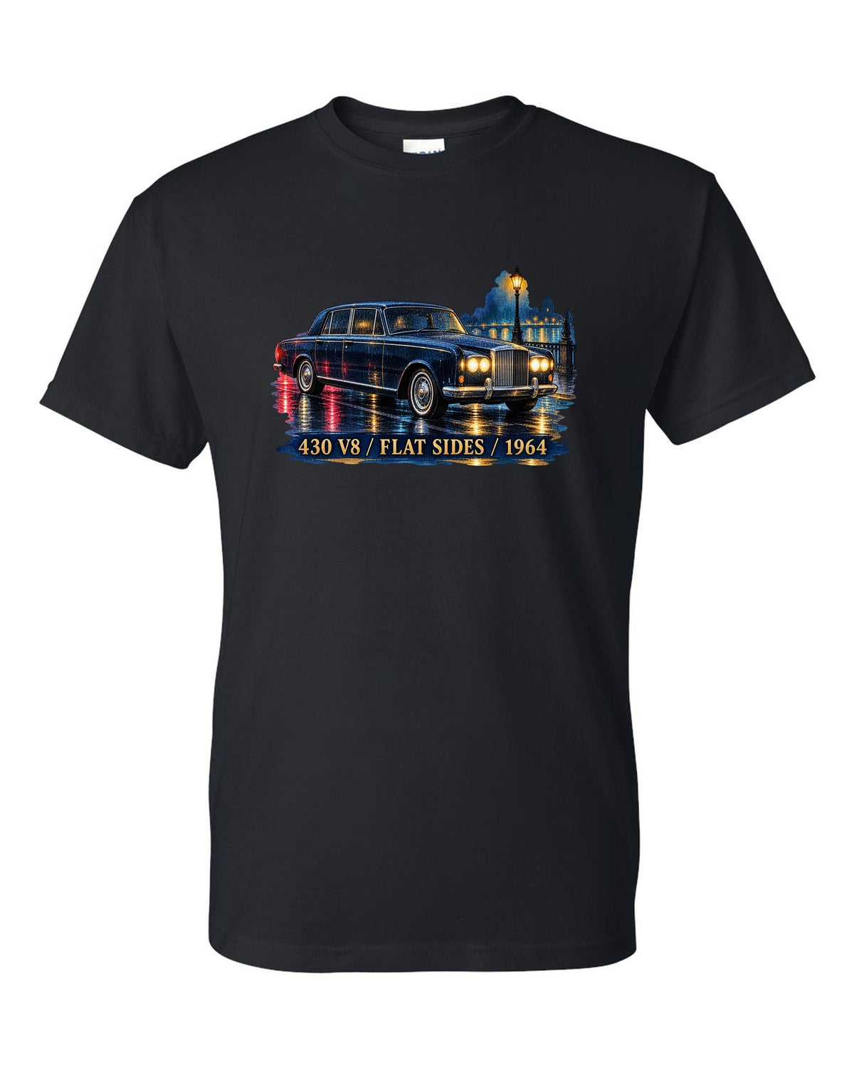 1964 Lincoln Continental on a wet night road in watercolour style black t-shirt front view with the design