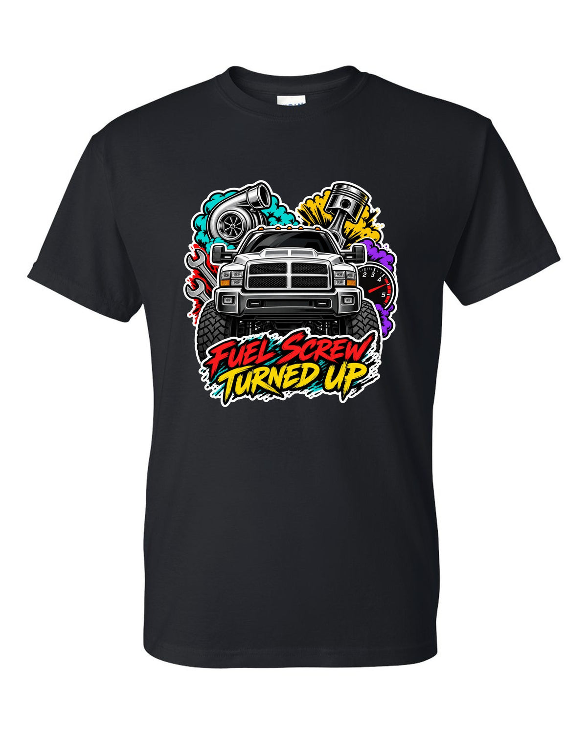 Sticker-bomb collage print of a 1994-1998 Dodge Ram 2500 12V Cummins with fuel screw text black t-shirt front view with the design