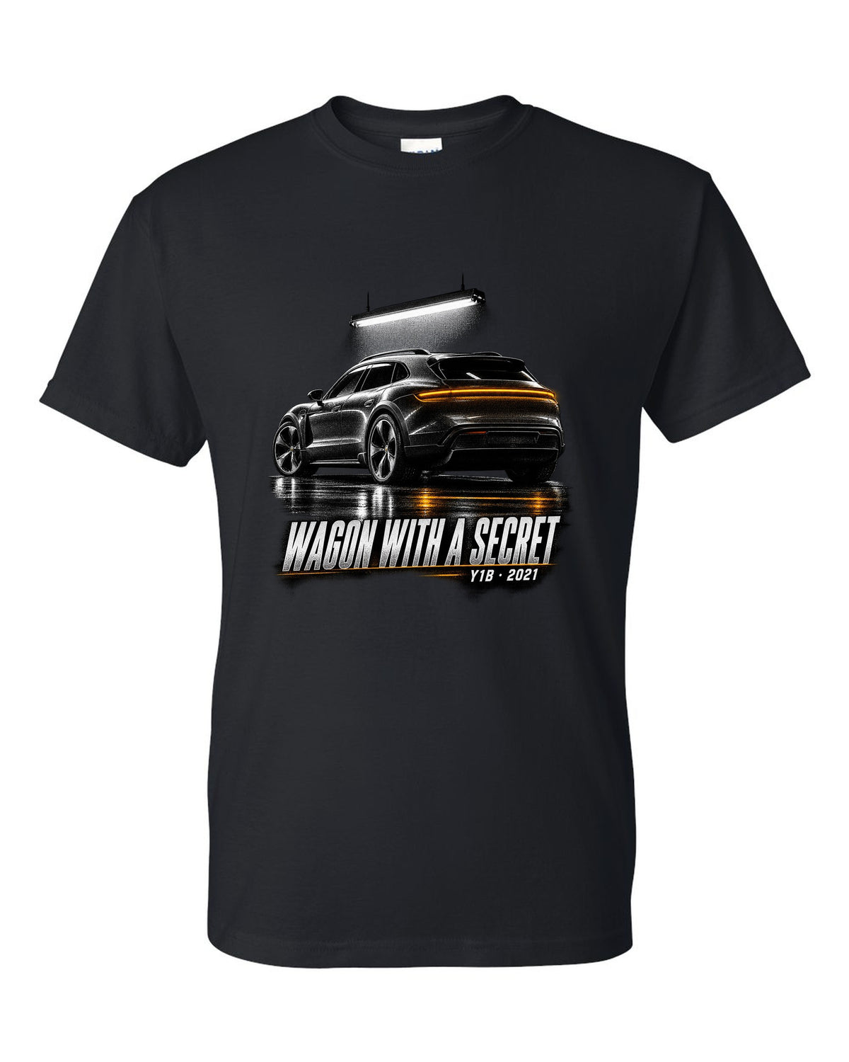 Porsche Taycan Cross Turismo Y1B in a dark garage, print design black t-shirt front view with the design