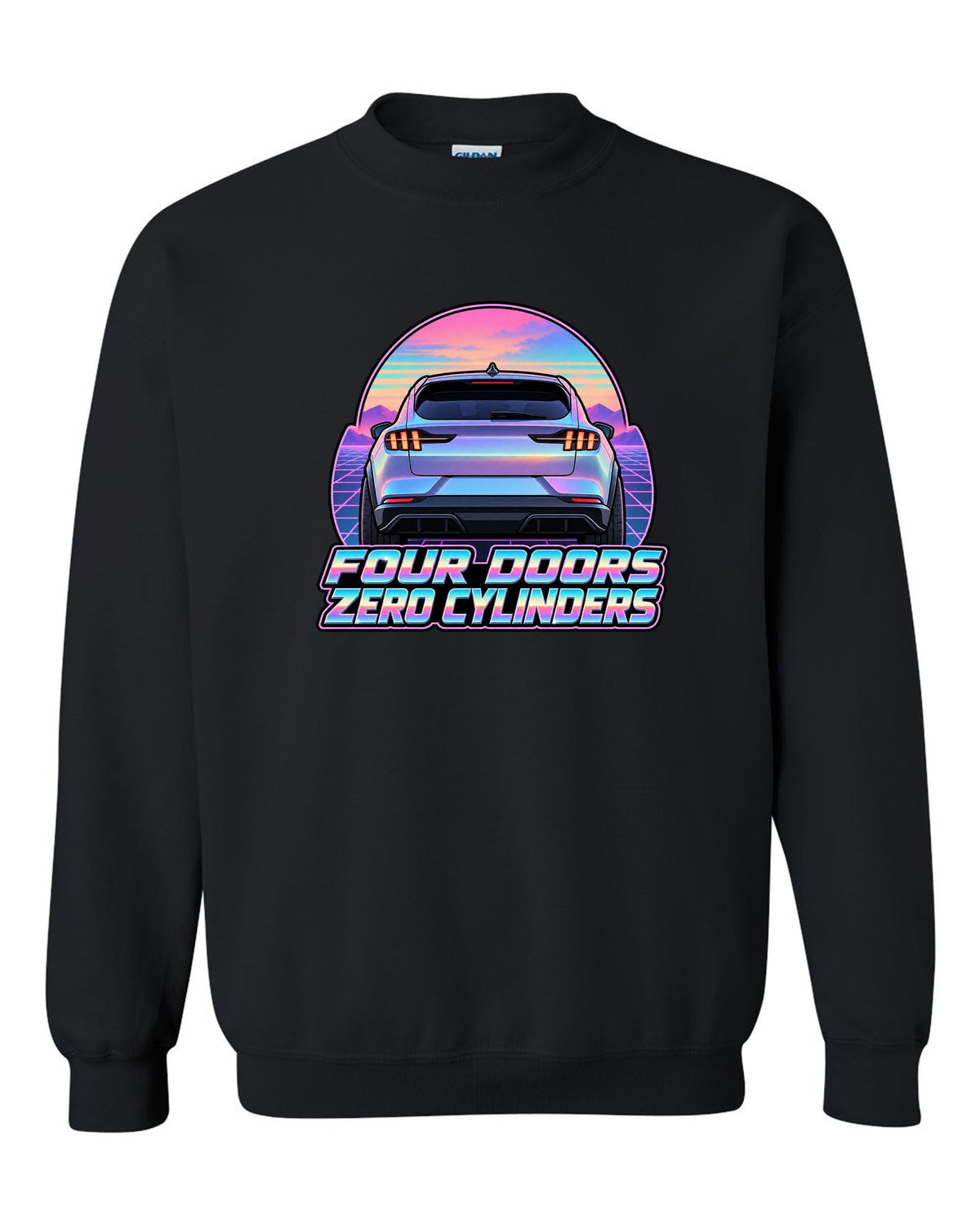 Vaporwave pastel print of a 2021 Ford Mustang Mach-E rear at dusk black crewneck front view with the design
