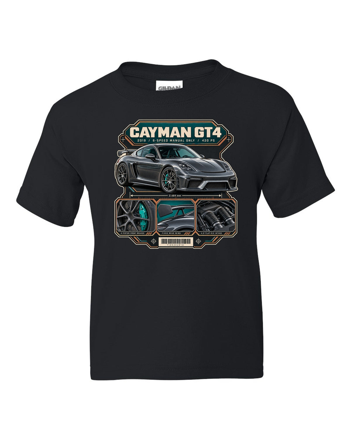 Dossier panel print of a Porsche 718 Cayman GT4 982 black kids tee front view with the design
